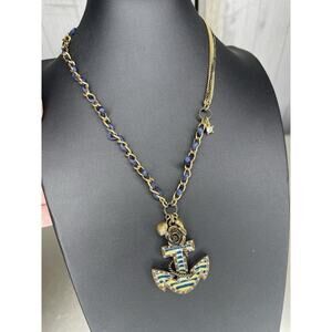 Betsy Johnson Anchor Pendant Necklace with Blue Ribbon Small Charms Gold Tone